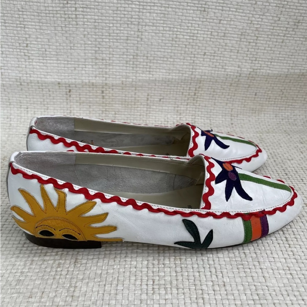 Vintage 80s Carysma Club White Leather Flats Loafers Palm Tree Tropical Size 7